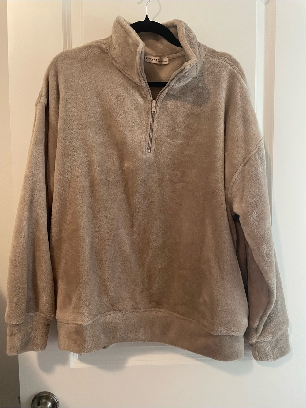 Zenana Outfitters Women's Plush V-Neck Half-Zip Sweater - Tan
